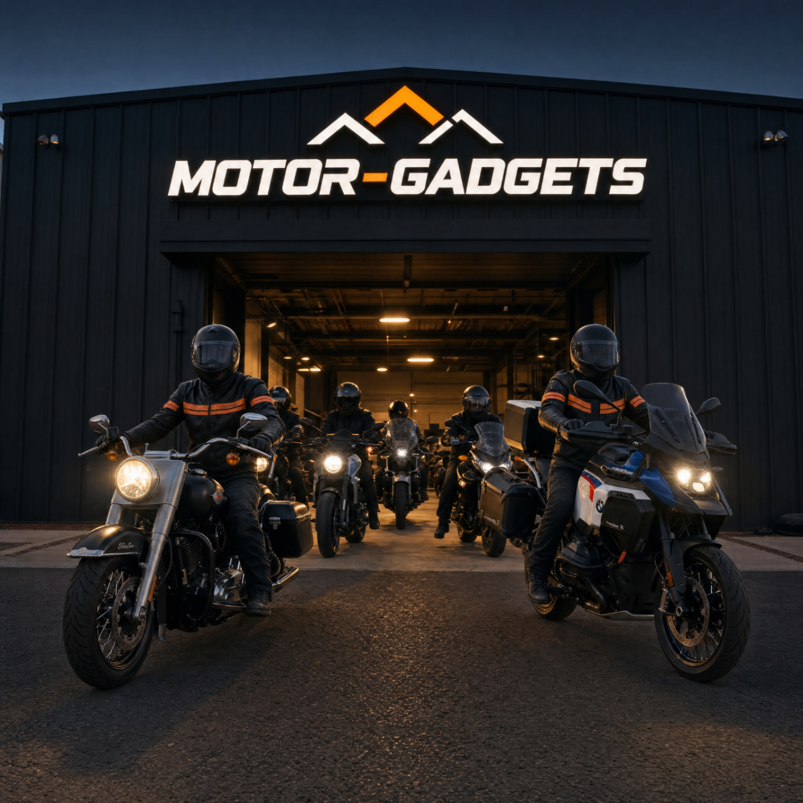 Motorrijders voor het Motor-Gadgets-pand